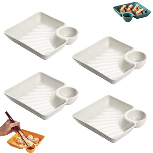 4pcs Sauce Separated Plate,Chips And Salsa Serving Dish Plates,Reusable Dumpling plate,Veggie Platter Dipping Serving Trays,Simp