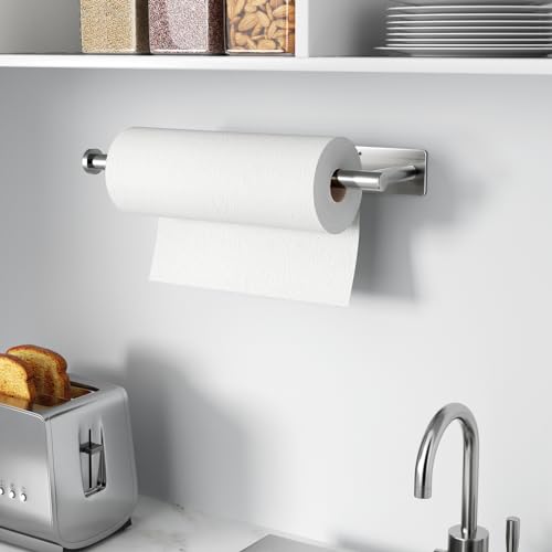 Image of Paper Towel Holder - Self-Adhesive or Drilling, Brushed Nickel Wall Mounted Rack - SUS304 Stainless Steel Kitchen Roll Holder Under Cabinet (2 Pack)
