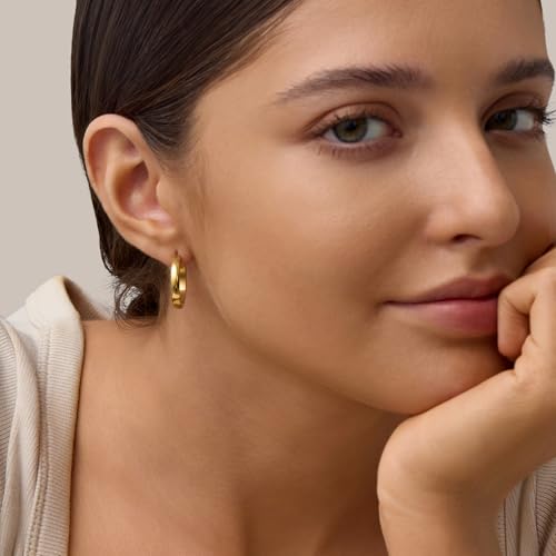 14K Gold Filled Gold Hoop Earrings for Women, S925 Sterling Silver Post Chunky Gold Hoop Earrings for Women, Dainty Lightweight Hoop Earrings3