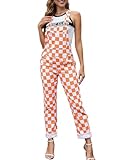 Odefou Checkered Pants Womens Overalls Fashion Bib Coveralls Cute Stretch Jeans Jumpsuit(Orange Checkered)