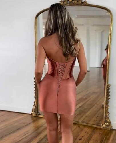 Short Satin Homecoming Dresses Tight Strapless Keyhole Bodycon Cocktail Party Gown Corset Prom Dress2