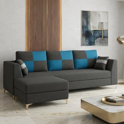 Image of FURNY Signature Cresta 4-Seater L-Shape Sofa Set with Movable Ottoman | Flexible LHS /RHS Layout | Boston Fabric | 40D Foam + Zigzag Spring | 3-Yr Warranty (Dark Gray - Aqua Blue)