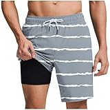 Mens Swim Trunks Fashion Striped Print Drawstring Elastic Waist Compression Shorts Stretch Breathable Beach Shorts Gray X-Large