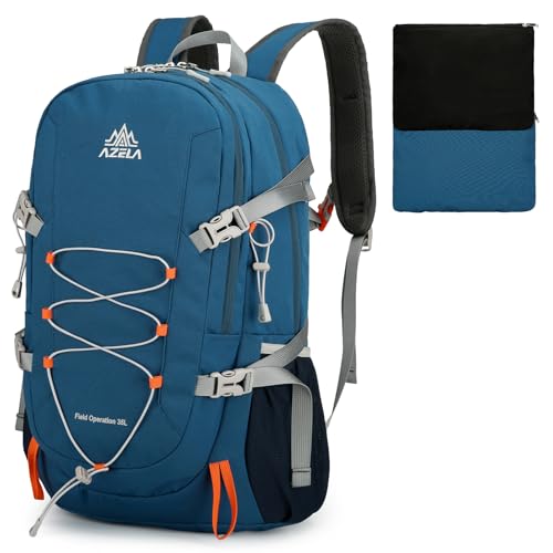 Outplea Mochila de caminhada dobrável de 35L para homens e mulheres, grande, embalável, impermeável, leve, para uso ao ar livre com alça no peito, Azul, Large