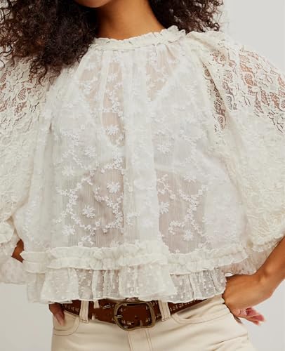 Women Plus Size Bell Sleeve Flowy Sheer Mesh Blouse Tunic Poncho Top Ruffle Y2k Shawl Shirt See Through Cover Up4