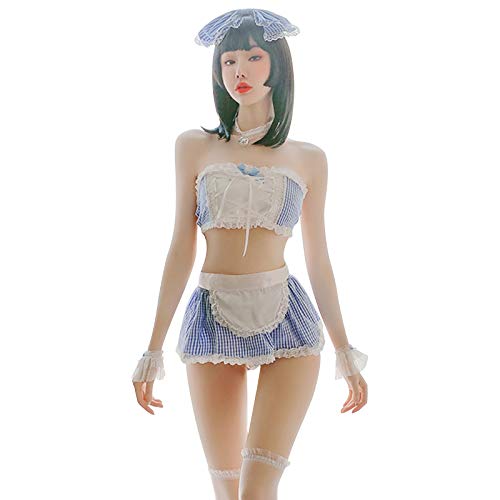 YOMORIO Anime Maid Uniform Cute Bule White Tartan Lingerie Sexy Cosplay Costume (Blue)