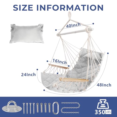 Image of Hammock Chair Hanging Swing with Wooden Armrest;Steel Spreader Bar,Pillows,Hardware kit Included;Cotton Woven Fabric;Up to 350 Lbs,for Indoor Light Grey