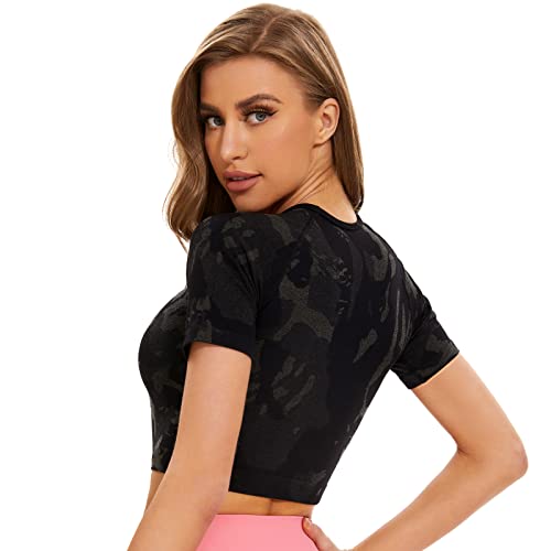 Vanoluya Women's Workout Crop Top Seamless Athletic Yoga Short Sleeve Fitness Compression Shirt Crop Tops.camo Black #TOP3