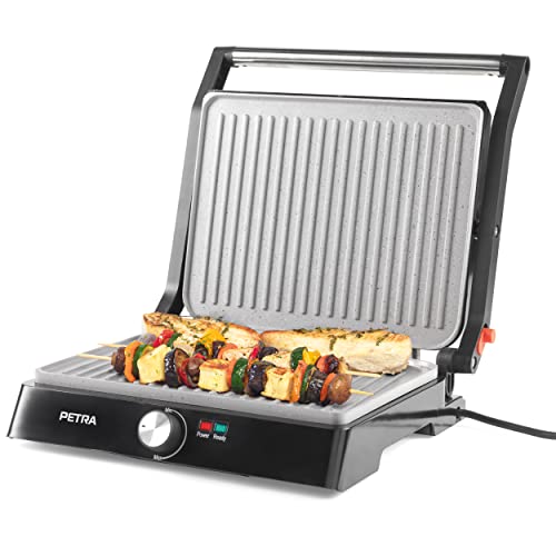 Petra PT4076VDEEU10 XL 180° Elektrogrill und Panini-Presse - Sandwichtoaster mit marblestone Antihaftbeschichtung, Tischgrill, ausklappbar für 2 Kochflächen, Gemüse, Fleisch, Spieße, Fettarmes Grillen