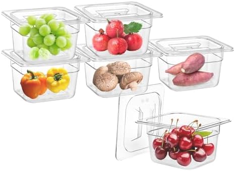 1/6 4" 6 Pack Plastic Food Pans With Lids, Clear Food Pan, Commercial Stackable Polycarbonate Freezer-Safe for Fruits Vegetables Restaurant Kitchen