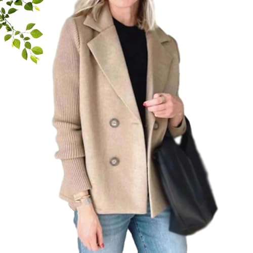 Women's Lapel Button Knitted Patchwork Sleeve Casual Coat, 2025 Fashion Cropped Double Breasted Blazer Sweater for Women