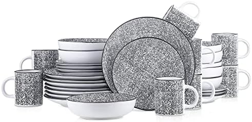 Stone lain Stoneware Dinnerware Set, 32-Piece Service for 8, Sophie - Black and White