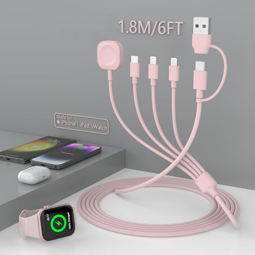 Travel Multi 6-in-1 USB C Universal Smart Watch Fast Charging Cable,1.8M/6FT Type C+USB A Watch Charger+Lightning+Type C Cord Combo Adapter for iWatch Series9 8 7 6 5 4 3 2SE/iPhone 15 14 13/iPad Pro