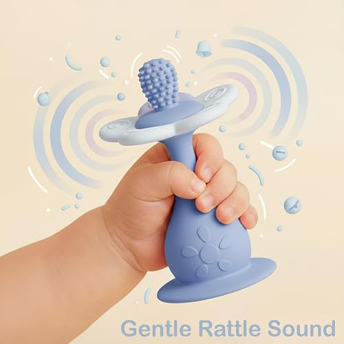 Image of Flower Teether Rattle, Silicone Baby Teething Toy 0-24M [Blue] | 360 Multi-Texture, Nipple-Shaped End, Anti-Choking Design, Stand-Up Base, Baby Girl & Boy Teether, BPA-Free, Teething Relief