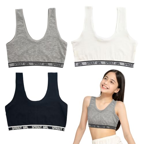 FUIPVGI 3 Piezas Sujetador Niña Sujetador de Niña Algodón Top, Top Deportivo Niña Sujetador Deportivo Ropa Interior Sujetador de Entrenamiento No Acolchado para Niñas 8 a 14 años (3 Colores)