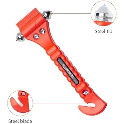 Amazon Basics Emergency Escape Tool, Window Breaker and Seatbelt Cutter, Car Safety Hammer with Protective Bracket, Bright Orange, 2 Pack, SW-835