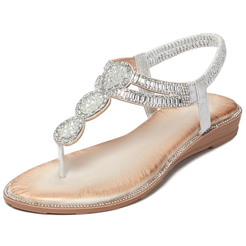 Image of iCKER Women Rhinestone Sandals T-Strap Buckle Bohemian Pearl Crystal Flat Sandals