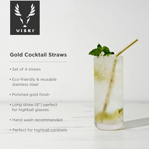 Viski Gold Metal Straws, 8inch Gold Straws Reusable Straws for Tumblers Stainless Steel Drinking Straw Reusable Straw Set of 4