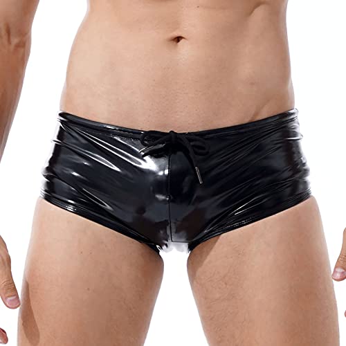 Men's PVC Leather Wet Look Drawstring Shorts Hot Pants Low Rise Hipster Trunks Swimwear