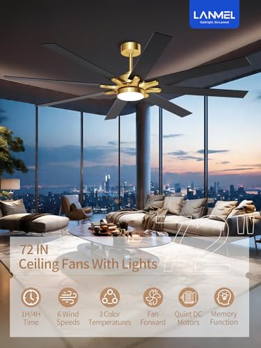 Image of LANMEL Ceiling Fan with Light, Modern Flush Mount Low Profile with Remote Control, Reversible, 3CCT Dimmable, Quiet,LED for Bedroom, Living Room, Indoor /Outdoor Patio Use 72 Inch Gold & Black