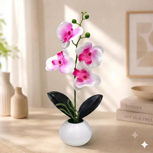 Image of CURATED CART Artifical Orchid Flower Pot, Pink & White Flower with Vase, Ideal for Home Decor, Office Decor, Gifting, 4 Flower Heads, Size 36 x 9cm