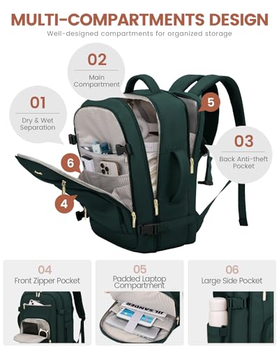 Image of LOVEVOOK Carry On Travel Backpack For Women Men Flight Approved, 40L Personal Item Backpack for Airplanes, Business Weekender Overnight Daypack Fits 17 Inch Laptop, With 2 Packing Cubes, Dark Green