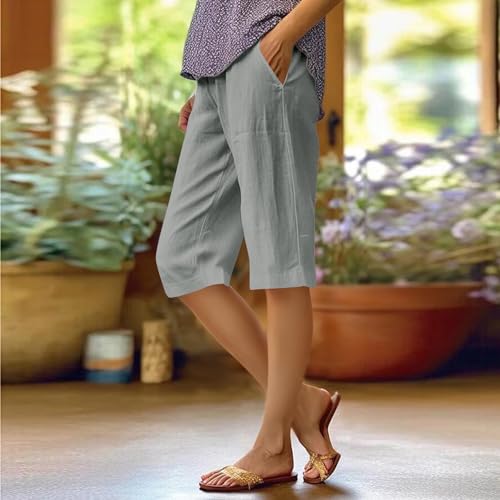 Pedal Pushers for Women Summer Casual Elastic High Waisted Wide Leg Linen Pants Baggy Bermuda Shorts with Pockets2