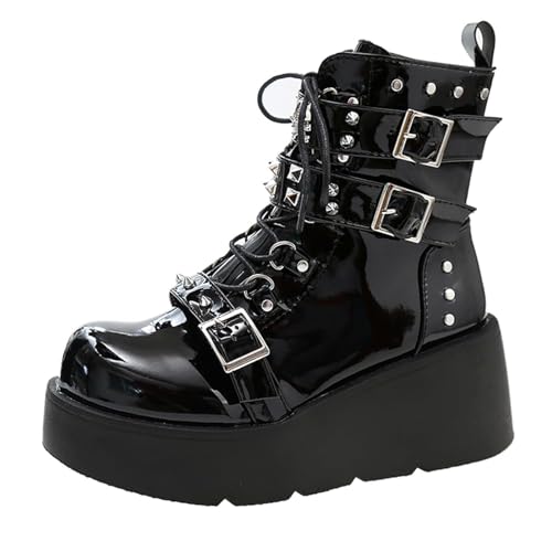 Women's Platform Gothic Ankle Booties With Adjust Studded Metal Buckle Fashion Y2k Zip Lace Up Wedge Thick Sole Punk Motorcycle Combat Short Boots
