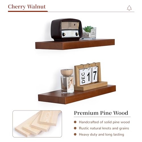 Image of Marsmiles Wood Floating Shelves | Rustic Mahogany Wood Wall Shelves Set of 2 | 16 inch W x 6.7 inch D Wooden Floating Shelves for Bathroom Kitchen Living Room Bedroom
