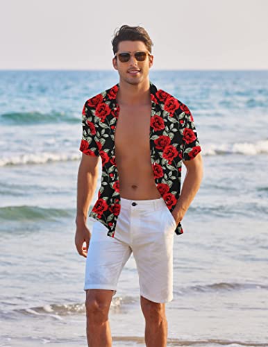 Coofandy Mens Shirt Hawaiian Floral Button Down Casual Summer Beach, Black Rose, Large, Short Sleeve #TOP4