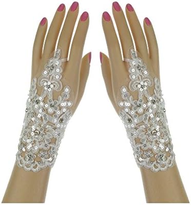 Lace Fingerless Bridal Gloves with Crystal Sequin Above Wrist Length - White
