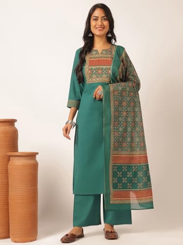 Image of Vbuyz Women Ajrakh With Yoke design Cotton Straight Kurta Set With Dupatta