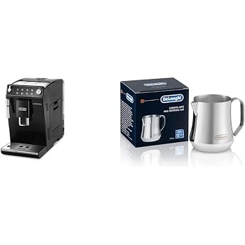 Set Purchase De Longhi ETAM29510B Fully Automatic Coffee Maker, Slim Type, Manual Milk Frother, Black & DLSC060 Stainless Steel Milk Jug 11.8 fl oz 350 ml, Silver