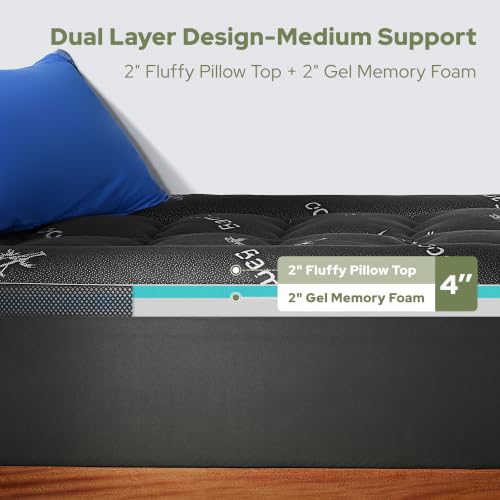 Image of BEDLORE 4 Inch Memory Foam Mattress Topper Twin XL for College Dorm Room Essentials, 2-in-1 Dual Layer Design (2 inch Gel Memory Foam + 2 inch Plush Pillow Top Cover) Mattress Topper Medium Firm(Dark Gray)