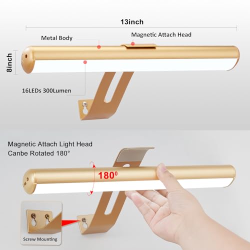 Image of Picture Light, Battery Operated Picture Light with Remote, Rechargeable Picture Frame Light, 32 LED, 16 Color Changing, Art Light for Paintings for Display, Picture-Gold