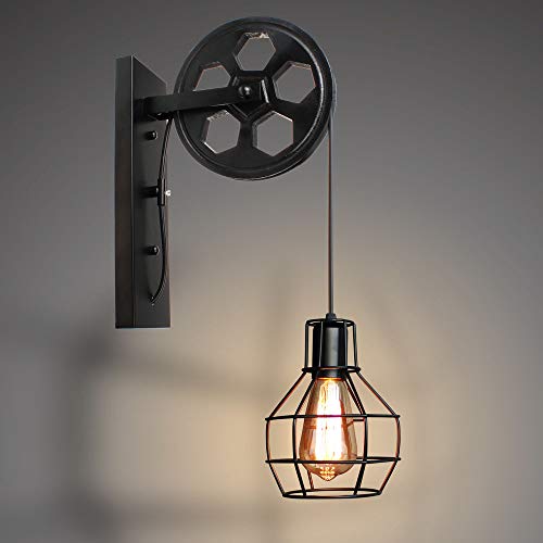 E27 Applique Murale Industrielle Poulie Vintage Suspension Métal en forme Cage Rétro Lampe de Mur Loft Corde Ajustable (Noir)