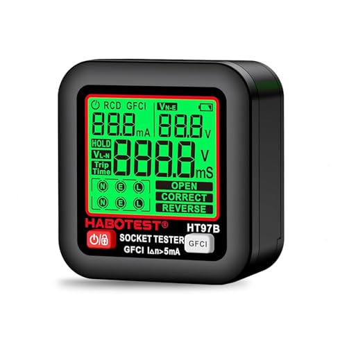 Probador de enchufe GFCI con pantalla LCD, detector de receptáculo, probador de voltaje eléctrico para voltaje estándar de 3 cables de 260 V CA, comprobador de enchufe, 6 indicadores visuales/leyenda