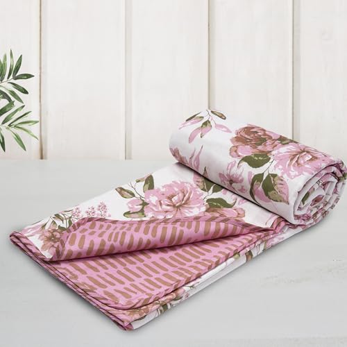 Image of HUESLAND 100% Cotton Reversible Dohar Toddler Size | Soft Cambric Weave, All Weather Light Comforter AC Quilt | Infants-New Born Blanket | 41 x 55 inches, Blushing Blooms - White, Pink & Green