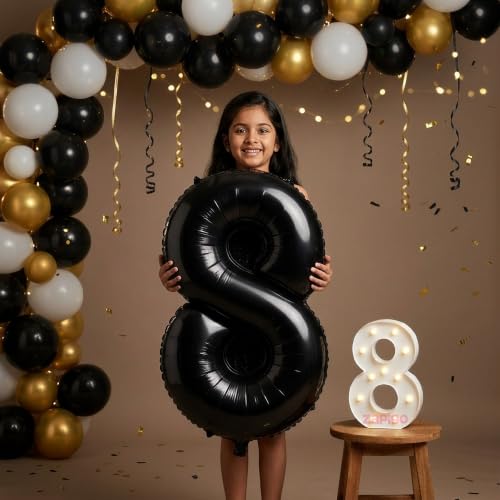 Image of Balloonistics Black 40-Inch Foil Number 8 Balloon with Matching LED Marquee Light - Combo Set for 8th Birthday, Anniversary, Party Decoration, Photo Booth Backdrop