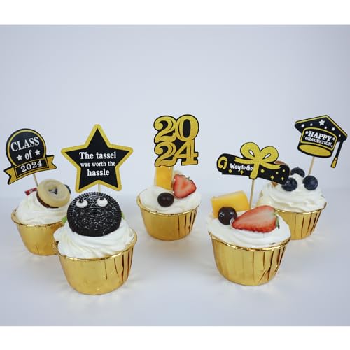 Chanseen 30Pcs Black and Gold Graduation Cupcake Toppers Class of 2024 Congrats Grad Cupcake Topper Picks Party Accessories Decorations Party Supplies (Gold, Black)
