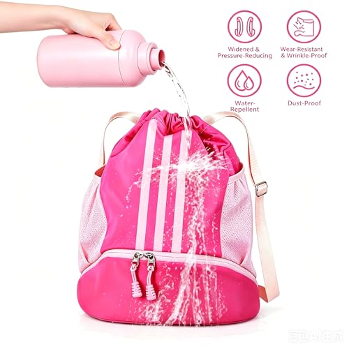 Image of Soccer Bag, Youth Soccer Basketball Bag with Compartments Drawstring Backpack for Football Volleyball Gym Training (Pink)