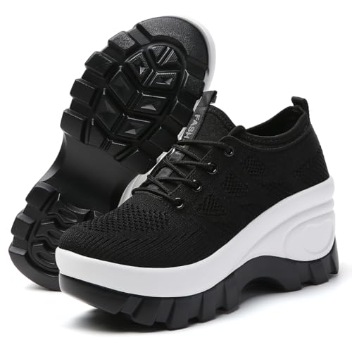 Image of Women's Chunky Platform Comfort Orthopedic Wedge Walking Shoes Fashion Knitted Breathable Lace Up Lug Sole Casual Non-Slip Running Shoes with Arch Support