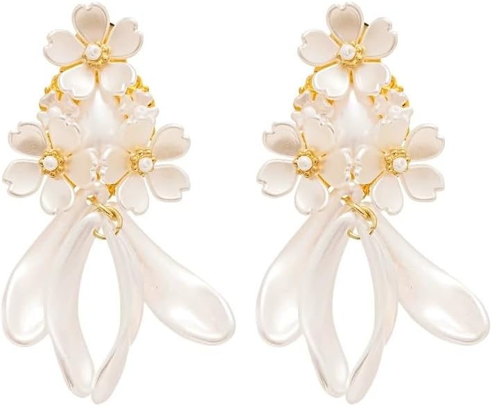 Vintage Flower Petal Pearl Tassel Stud Earrings for Women Floral Drop Dangle Earrings Wedding Bridal Party Jewelry