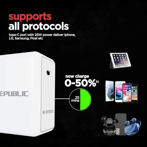 Image of Nu Republic Sprint All-in-one 30W 6A with Type-C to Type-C Cable Supports All Fast Charging Technologies (White, Red, Cable Included)