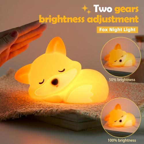 Image of S NMT Cute Silicone Fox Night Light for Kids, Rechargeable Sleeping Nursery Nightlights with Timing Function for Christmas Gift, Dimmable Beside Decoration Lamp