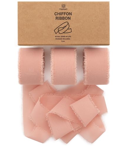 Vitalizart Rose Gold Chiffon Silk Ribbon 1" x 21Yd Fringe Fabric Eco-Friendly Package (3 Rolls *7Yd) for Wedding Invitations, Bridal Bouquets, Decorations, Gifts Wrapping & Bow Making