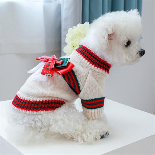 MeiAOBest Pet Christmas New Year Sweaters,Cat Dog Knitted Jumper with Bow,Cold Weather Puppy 2-Leg Knitwear Pullover for Cat Puppy Small Dog_M(White) - Image 3