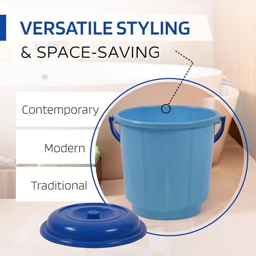 Image of Kuber Industries Bucket | 18 Liter Bucket for Bathroom | Balti for Bathroom | Bucket with Lid & Handle | Plastic Bucket for Daily Use | Water Storage Bucket | Bathroom Bucket | Blue