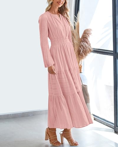 BTFBM Fall Dresses for Women 2025 Casual Long Sleeve V Neck Elastic Waist Lightweight Maxi Wedding Guest Dress Pockets