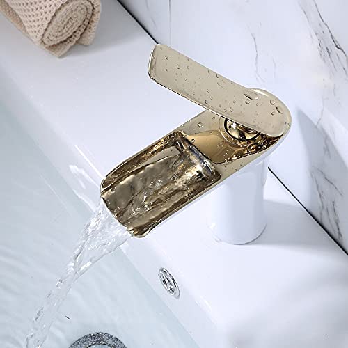 Grifo de lavabo de baño, grifo mezclador de cascada, construcción de latón, mango único para agua fría y caliente, diseño moderno, montaje en escritorio